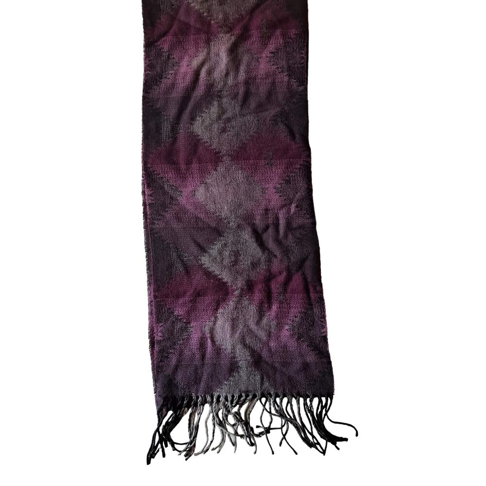 Purple Multi Inca / Aztec Pattern  Rectangular Scarf w Fringes - Size 11" X 66" - Picture 2 of 5